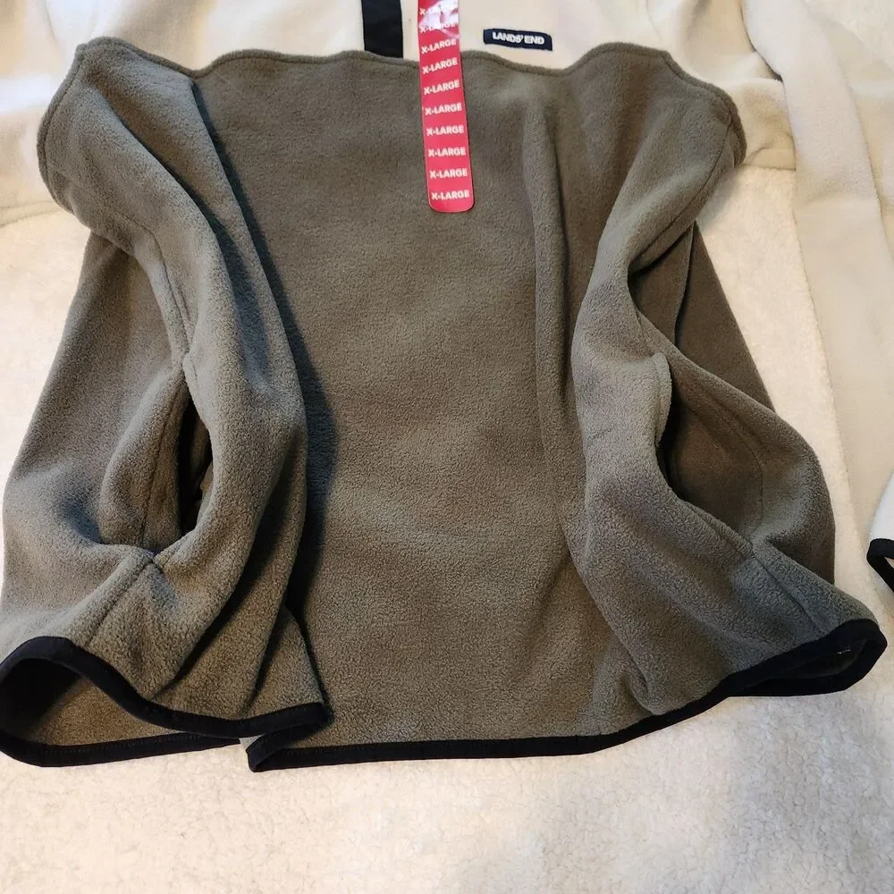 NWT Lands End Mens 1/4 Snap Fleece Pullover Beige & Green Colorblock Pockets XL